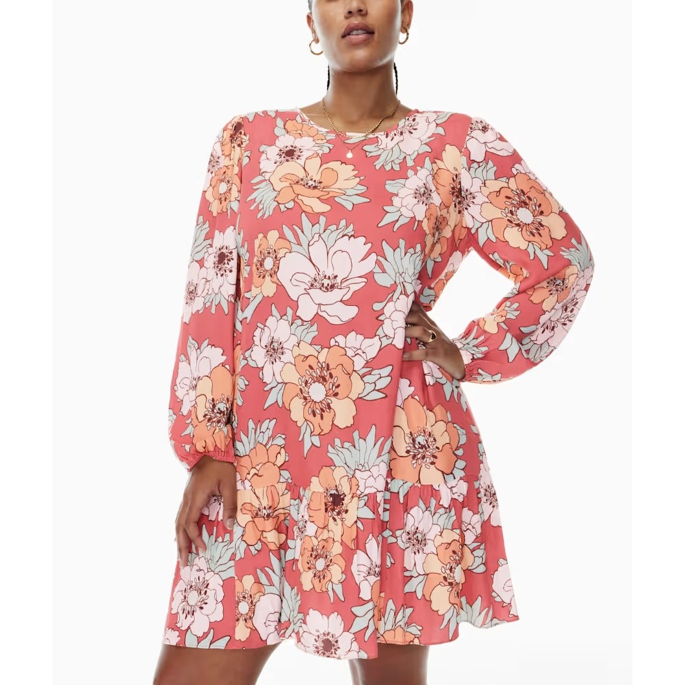 Wilfred Lambrusco Dress Womens Medium Red Floral Long Sleeve Mini Tiered Aritzia